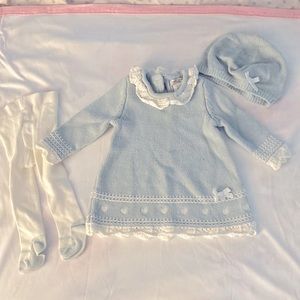 3-6 m Max Studio Baby dress with matching cotton tights and bonnet.